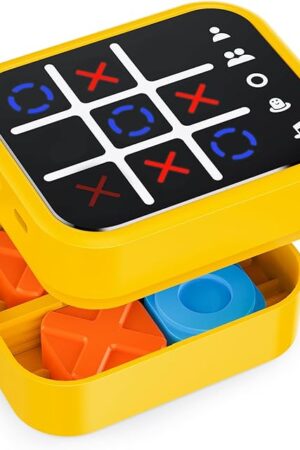 The Rechargeable Tic Tac Toe Game Box with 5 Fun Brain Memory Games, Electronic Touchscreen Handheld Game, Portable Digital Puzzle Board Travel Toy, Gifts Choice for Kids and Adults(Yellow)