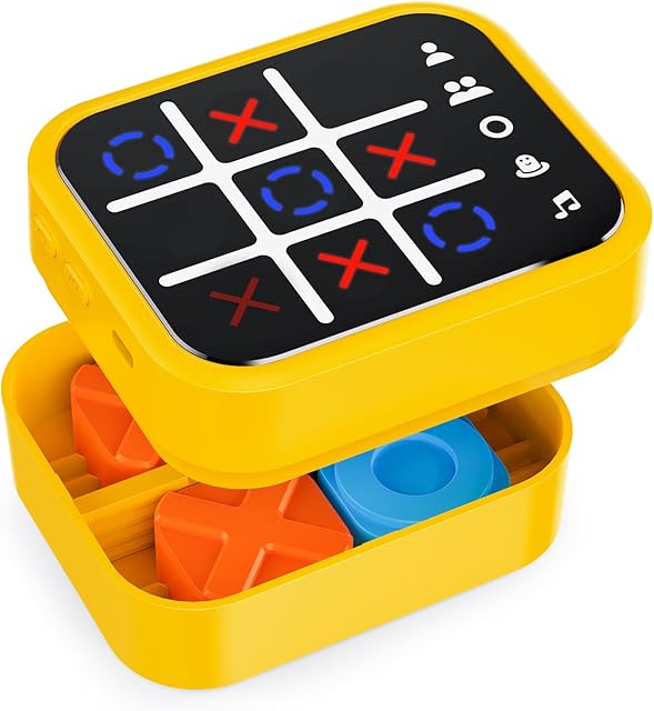 The Rechargeable Tic Tac Toe Game Box with 5 Fun Brain Memory Games, Electronic Touchscreen Handheld Game, Portable Digital Puzzle Board Travel Toy, Gifts Choice for Kids and Adults(Yellow)