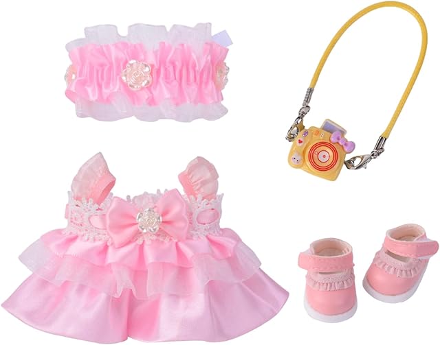 The Complete Doll Clothes Set for Labubu: Pink Dress, Floral Headwear, Mini Leather Shoes + Camera Accessory, Fits 17cm Dolls (Doll Not Included)