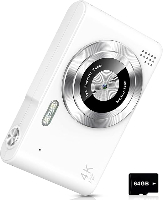 The Digital Camera, Camera for Kids, UHD 4K 48MP Point and Shoot Digital Cameras with 64GB SD Card and 16X Digital Zoom Anti Shake, Compact Portable Small Gift for Boys Girls Students, White