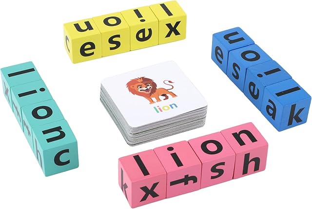 The Wooden Blocks Spelling Game, Matching Letter Game Alphabet Learning Crossword Puzzle with Reading Wooden Blocks Sight Flash Cards Storage Bag Word Builder Educational Toy for Kids Age 3 4 5+
