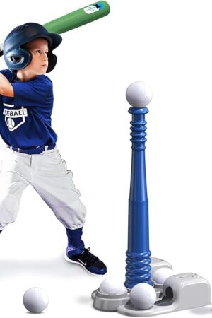 The QDRAGON 2 in 1 T Ball Sets for Kids 3-5 5-8, Tee Ball Set with Automatic Pitching Machine/Adjustable Batting Bat & Stand/6 Balls, Baseball Toys Outdoor Sport for Toddlers Boys, Blue