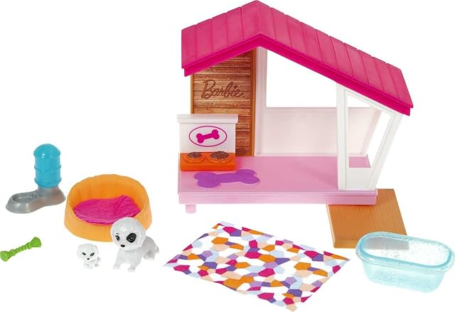 The Barbie Mini Playset with 2 Pet Puppies, Doghouse and Pet Accessories, Gift for 3 to 7 Year Olds