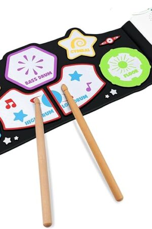 The ROCKSOCKI Toddler Kids Drum Set, Musical Instruments Toys for Toddlers Kids Sensory Toys, Roll-up Educational Percussion Drum Pad Built-in Speakers Wood Drum Sticks, 10+ Songs, Voice Control, TD-07