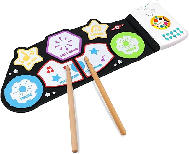 The ROCKSOCKI Toddler Kids Drum Set, Musical Instruments Toys for Toddlers Kids Sensory Toys, Roll-up Educational Percussion Drum Pad Built-in Speakers Wood Drum Sticks, 10+ Songs, Voice Control, TD-07
