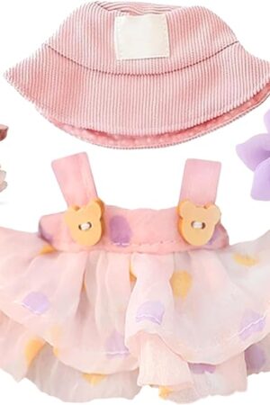 The Pink Doll Clothes Compatible with 15cm & 17cm, 3 Piece Set Fashion Hat Skirt Flower Outfit Premium Cute Dress for Dolls Accessories, Fashion Doll Dress Outfit Set, Skirt Set for Doll (NO Doll)