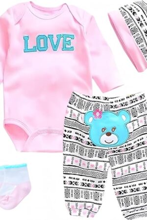 The Reborn Baby Dolls Clothes Love Pattern 4pcs Set for 17-22 Inch Newborn Baby Doll Girl, Doll Clothing Cute Bear Outfit Accessories fit 17-22 Inch Reborn Doll Girl&Boy