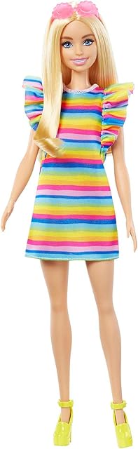 The Barbie Fashionistas Doll #197 with Blonde Hair & Braces Wearing Rainbow Tiered Dress & Accessories Including Platform Shoes & Sunglasses
