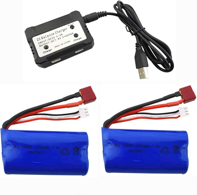 The sea jump 2PCS 7.4V 1500mah Lithium Battery with 2in1 Balance Charger for WLtoys 12403 12401 12402 12404 12428 12423 12402-A 12428-B 12428-C 9155 9156 HM123 Remote Boat Spare Battery Parts