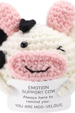 The Positive Cow, Mini Cute Cotton Thread Positive Cow Crochet with Encouraging Card Knitted Stuffed Animal Doll Emotional Plush Support Potato Toy Gift for Family Friend Home Office Decor