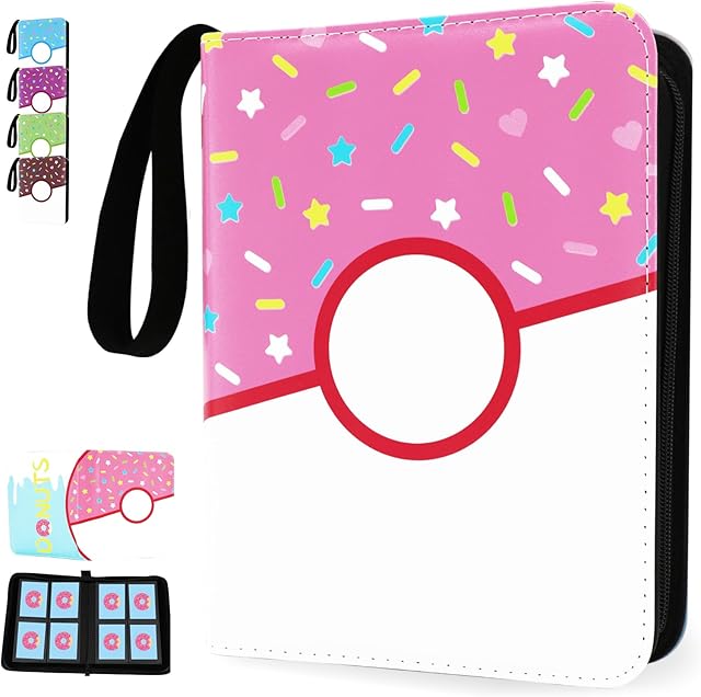 The 4 Pocket Card Binder 400 Card Holder Album, Pink Donut Trading Cards Holder Zipper Binder for Girl Teen Collection (Pink Donut, 400 Pocket)