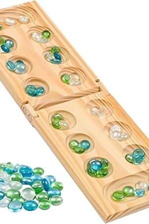 The Regal Games Mancala Board Game - Fun Classic Table Game with Wooden Board for Adults & Kids - 48 Glass Mancala Beads & 2 Player Games - Ideal for Family Game Night, Travel (Ages 8+)