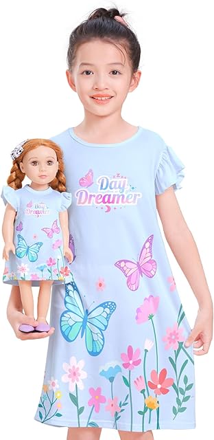 The MHJY Girl and Doll Matching Nightgowns Princess Pajamas Flutter Sleeve Night Dresses for Girls and 18" Dolls Clothes