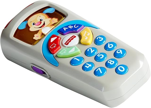 The Fisher-Price Laugh and Learn Remote, Light-up Screen, UK English Version, Push Buttons and 35+ Sing-Along Songs, Tunes & Phrases, Baby Learning Toy, Early Development, English Version DLD30