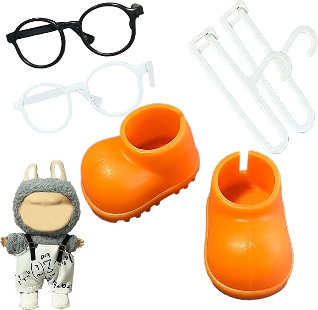 The Mini Doll Shoes for 17cm Collectible Figures – 1 Pair Stylish Sneakers with 2 Glasses & 2 Hangers – Accessories for 17cm Dolls (No Doll) (Orange Suit)
