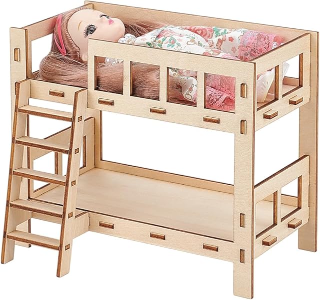 The BENECREAT Bunk Bed for Dolls, Fits Up to 6.1 Inch Wooden Play Bunk Beds for Dollhouse Furniture Accessories, 6.7x3.5x5.5 Inch