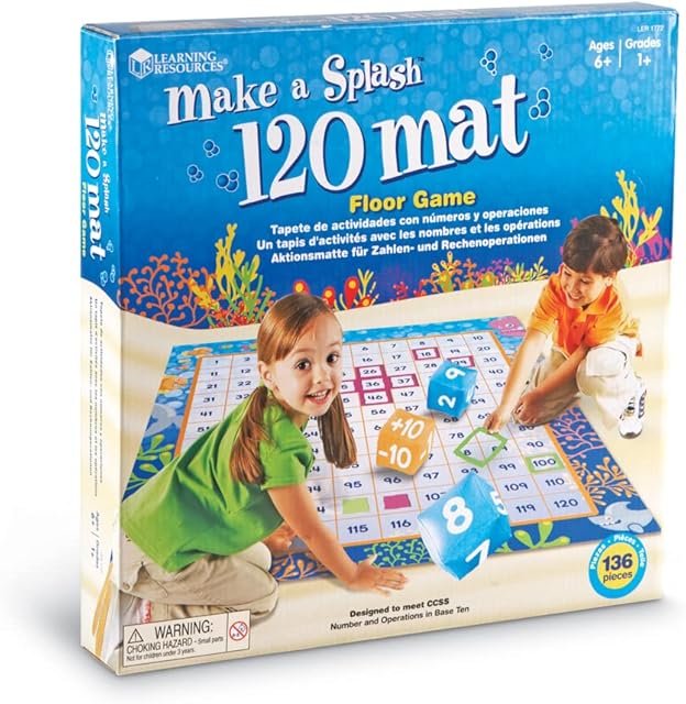 The Learning Resources Make a Splash 120 Mat Floor Game - Math Manipulatives, Addition and Subtraction Board Games , Classroom Must Haves, Homeschool Supplies, Montessori Gifts for Boys and Girls