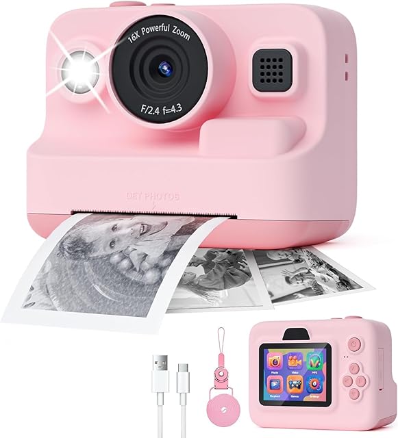 The Kids Instant Print Camera - 1080P HD Kids Digital Camera for 3 4 5 6 7 8 9 10 Year Old Girls Boys, Kids Polaroid Camera with Selfie Mode, Music, Fun Filters