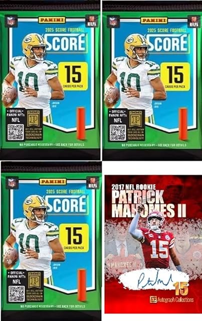 The NEW 2025 SCORE Football Cards 3 FACTORY SEALED PACKs, 45 CARDS, Plus Mahomes Card-Sized Print