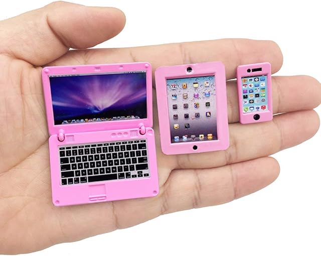 The 3 Pack Dollhouse Mini Laptop Tablet and Smart Phone Scene Computer Simulation Accessories for Doll 1/6 1/12 Miniatures Silver