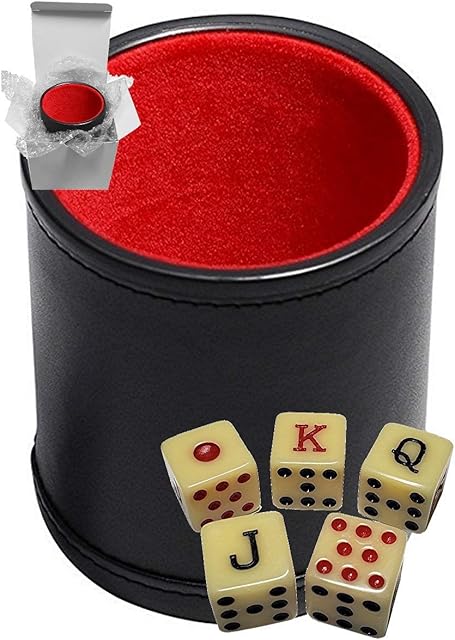 The Cyber-Deals Set of Dice Cup Black PU Leather w/Plush Red Felt Lined + Spanish Poker Dice Bone Tone (Gift Boxed)