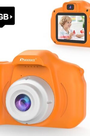 The PROGRACE Orange Kids Camera, Birthday for Girls and Boys Ages 3-12, HD Digital Video Camera for Toddlers, IPS HD Screen, Portable Toy with 32GB SD Card