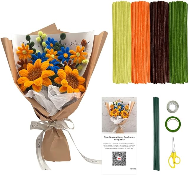 The Pipe Cleaners Craft, Fluffy Chenille Stems Bulk Supplies - DIY Sunflower Bouquet Pipe Cleaner Flower Kit for Beginners with Video Tutorial, 260Pcs Limpia Pipa Unique Handmade Gift, Colorful Home Decor