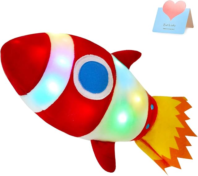 The BSTAOFY Light up Red Rocket Plush Toys Stuffed LED Glow Soft Cozy Nightlight Kids Gifts for Toddlers on Birthday Valentines Christmas, 14.5’’