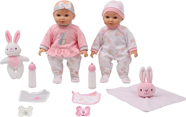 The DREAM COLLECTION: Deluxe Twin Set - Bunny - 2 Lifelike 14" Baby Dolls, 4 pc Feeding Accessories, Soft Body, Pacifiers, Pretend Play, Kids Ages 2+