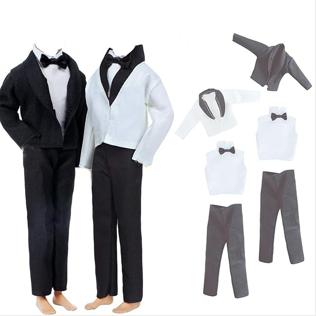 The BJDBUS 2 Sets Formal Office Suits Including Black Coat , White Coat , White Shirt with Bow-Knot , Black Trousers Groom Wedding Tuxedo for 11.5 Inch Boy Doll Clothes