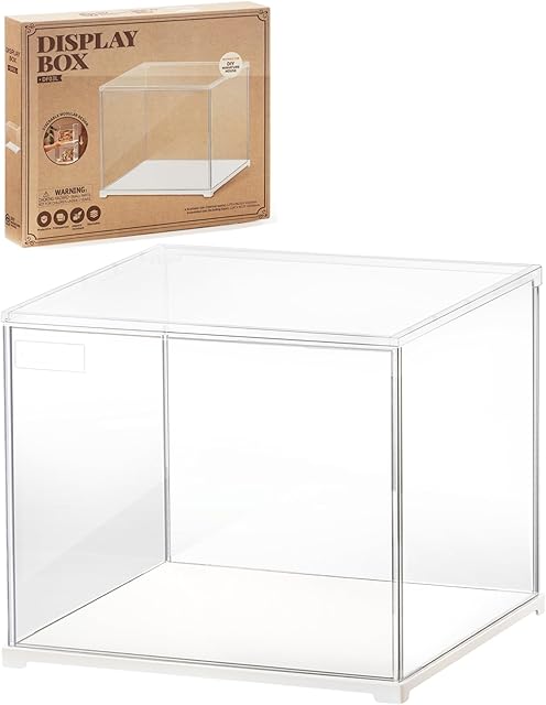 The ROBOTIME Clear Acrylic Display Case Dustproof Box Stand with White Base, Dust Cover Display Case for Assemble Countertop Cube Organizer Stand Storage Boxes(11.3x9.3x9.6inch)