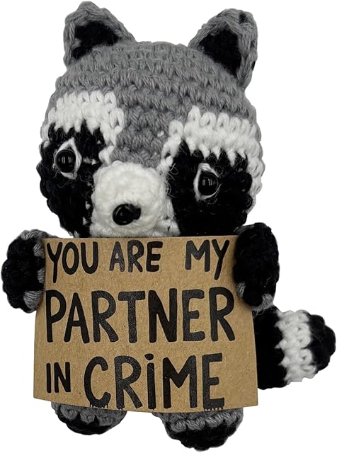 The Gifts for Wife Girlfriend, You're My Partner in Crime, Handmade Cute Crocheted Finished Raccoon Plush Doll, Pocket Hug Token, Stress Balls, Squeeze Balls