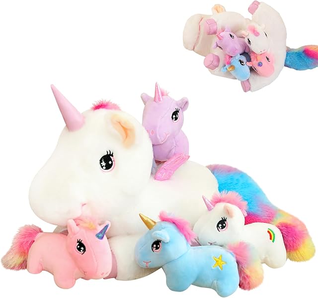 The SQEQE Unicorn Toys Stuffed Animal 5 in 1, Plush Toy Rainbow Flying Unicorns with Wings for Christmas, Valentine's, Birthday Gifts, Plushies Unicorn Pillow with 4 Babies in Her Tummy for Girls Age 4-8