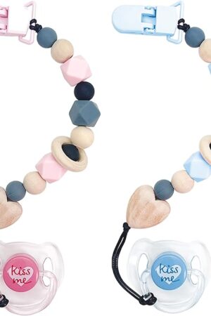 The Reborn Baby Dolls Pacifier Clips Accessories,2 Pcs Cute Pacifier Clip Chain with Magnetic Pacifier for Reborn Baby Dolls Feeding Toy Accessories for Kids Gift（Pink&Blue）