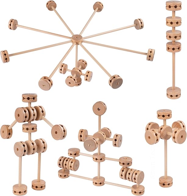 The Wooden Building Blocks 60PCS Montessori STEM Toy for Kids 6+, Natural Wood Splicing Joints and Sticks Educational Sensory Tinker Creative 3D Playset Stacking Game