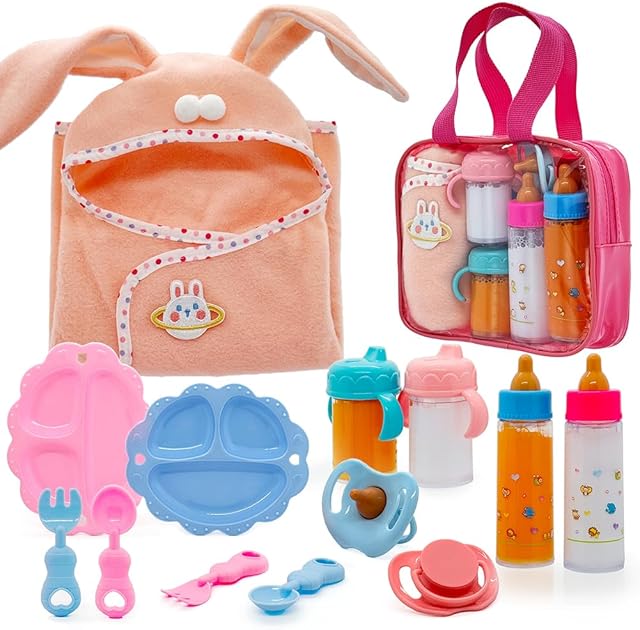 The Baby Doll Accessories Magic Bottle Set - 13 Pieces Doll Feeding Pretend Playset with Disappearing Milk & Juice Bottles, Pacifiers Bowl and Bath Towel Doll Bottle Toys set Gift for Kids Girls Ages 3+