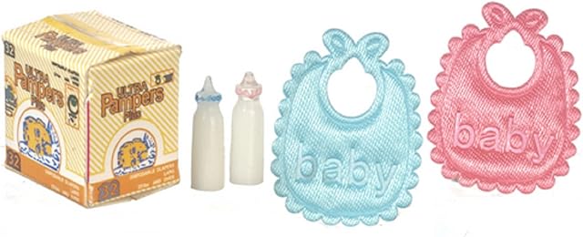 The Dollhouse Miniature Nursery Accessory Set Baby Girl Boy Bibs Bottles Nappy Box