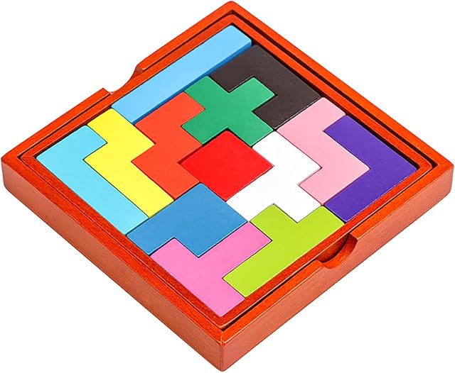 The Wooden Puzzle Pattern Blocks Brain Teasers Game 3D Russian Building Toy Geometric Wood Tangram Shape Jigsaw Puzzles Montessori STEM Educational Toys Gift for Kids Adults (Multicolor)