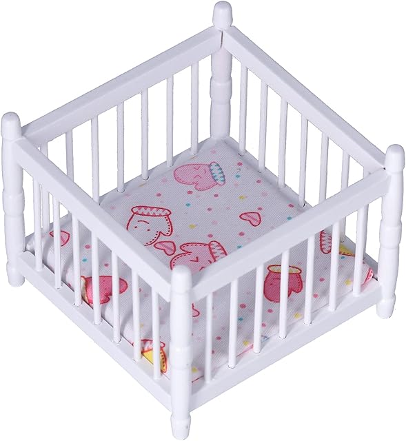 The 1:12 Scale Wooden Doll House Baby Bed DIY Miniature Doll House Mini Furniture Accessories with Mattress Square Bed White Children's Day Gift