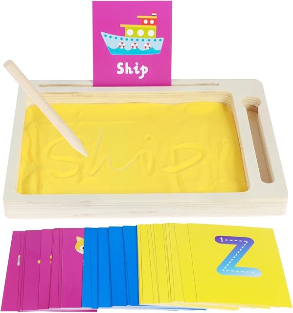 The Montessori Sand Tray Toys Wooden, Wooden Sand Trays for Kids, Wooden Sand Tray Box for Kids Writing Letters and Numbers, Sand Writing Tray with Wooden Pen Sand and Cards (02)