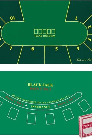 The Poker Table Topper Blackjack Set – play Casino Games using the Texas Holdem Poker Set on Green Table Cloth or Black Jack Set on Green Felt Table Mat
