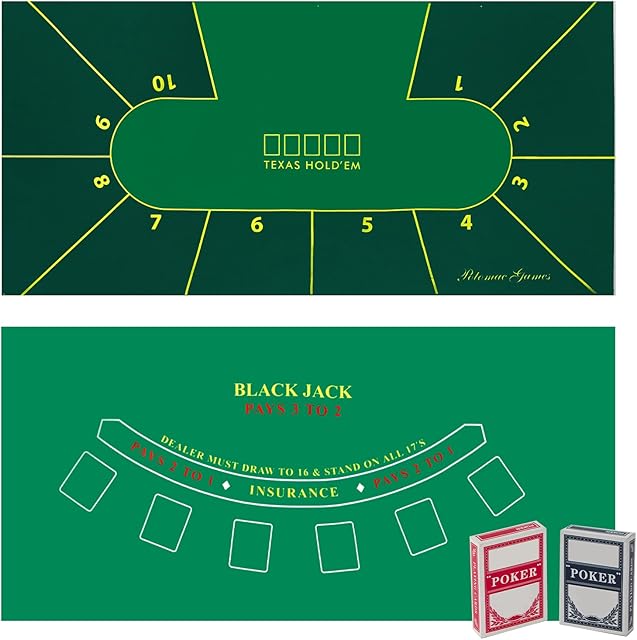 The Poker Table Topper Blackjack Set – play Casino Games using the Texas Holdem Poker Set on Green Table Cloth or Black Jack Set on Green Felt Table Mat