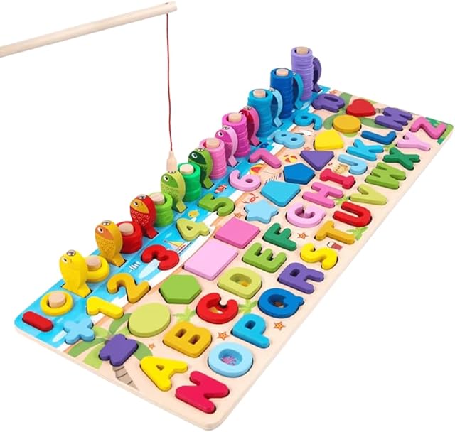 The 6-in-1 Wooden Montessori Toy – Fishing, Alphabet, Numbers, Shapes & Colors Matching Game – Educational Learning Toy for Toddlers & Preschool Kids Ages 3+ – Logarithmic Board