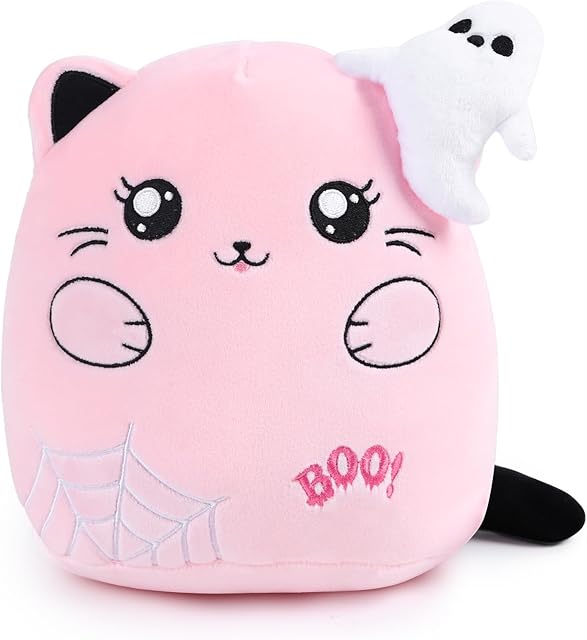 The Halloween Cat Stuffed Animals, 8 Inches Pink Cat Plush Pillow with Ghost Spiderweb Birthday Gift, Boo Day Plushies Toy for Kids Girls Women