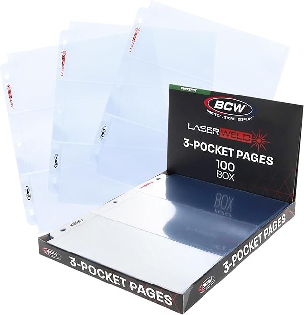 The BCW LaserWeld 3-Pocket Currency Page - 100ct | Archival Polypropylene | Top-Loading, Acid-Free, Clear Binder Sleeves | Ideal for Dollar Bill, Currency, Money, and Coin Collecting Supplies