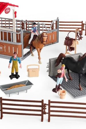 The RCOMG Horse Stable Figurines Playset, 31 Pieces Horse Club with Horse Wash Area and Fence Figures, Barn Horse Toys Gift for Girls and Boys 3 4 5 6 7 8