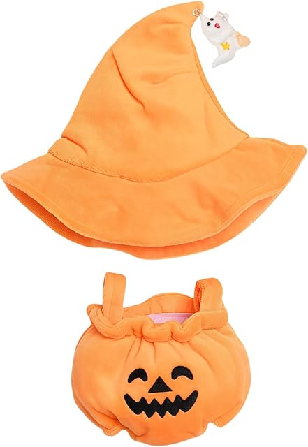 The 17cm Doll Clothes, Cute Stylish Halloween Pumpkin Outfit and Witch Hat 2-Piece Clothes for Dolls Outfit, Halloween Accessories Suit for Cute Halloween Clothes, No Doll Included (Style a)