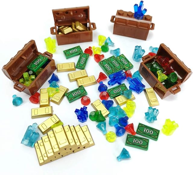 The ZHX Treasure Accessories Jewel Chest, Gems Diamonds, Bullion Gold Bar, Crystals, $100 Dollar Bill Cash Toy Pirate Building Blocks Set for Kids 5 6 7 8 Years Old