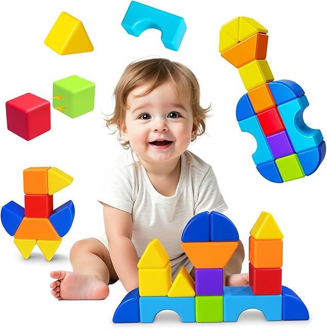 The Magnetic Building Blocks, Large Magnetic Stacking Blocks for Toddlers, 1.65 Inch 3D Magnet Cubes & Multiple Shapes, Montessori & Sensory Toys for Kids Ages 1-3 (15PCS)