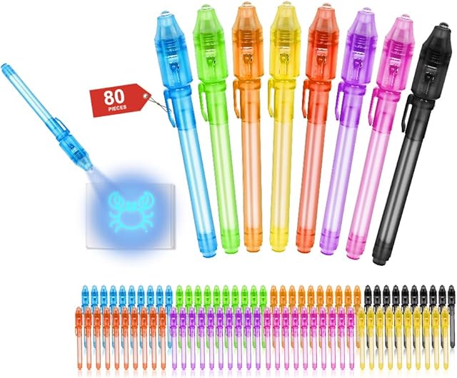 The Invisible Ink Pens with UV Light, 80 PCS Bulk Spy Pens for Kids Party Favors, Secret Message Marker Set for Halloween Goodie Bags, Christmas Stocking Stuffers, Classroom Prizes & Treasure Hunt